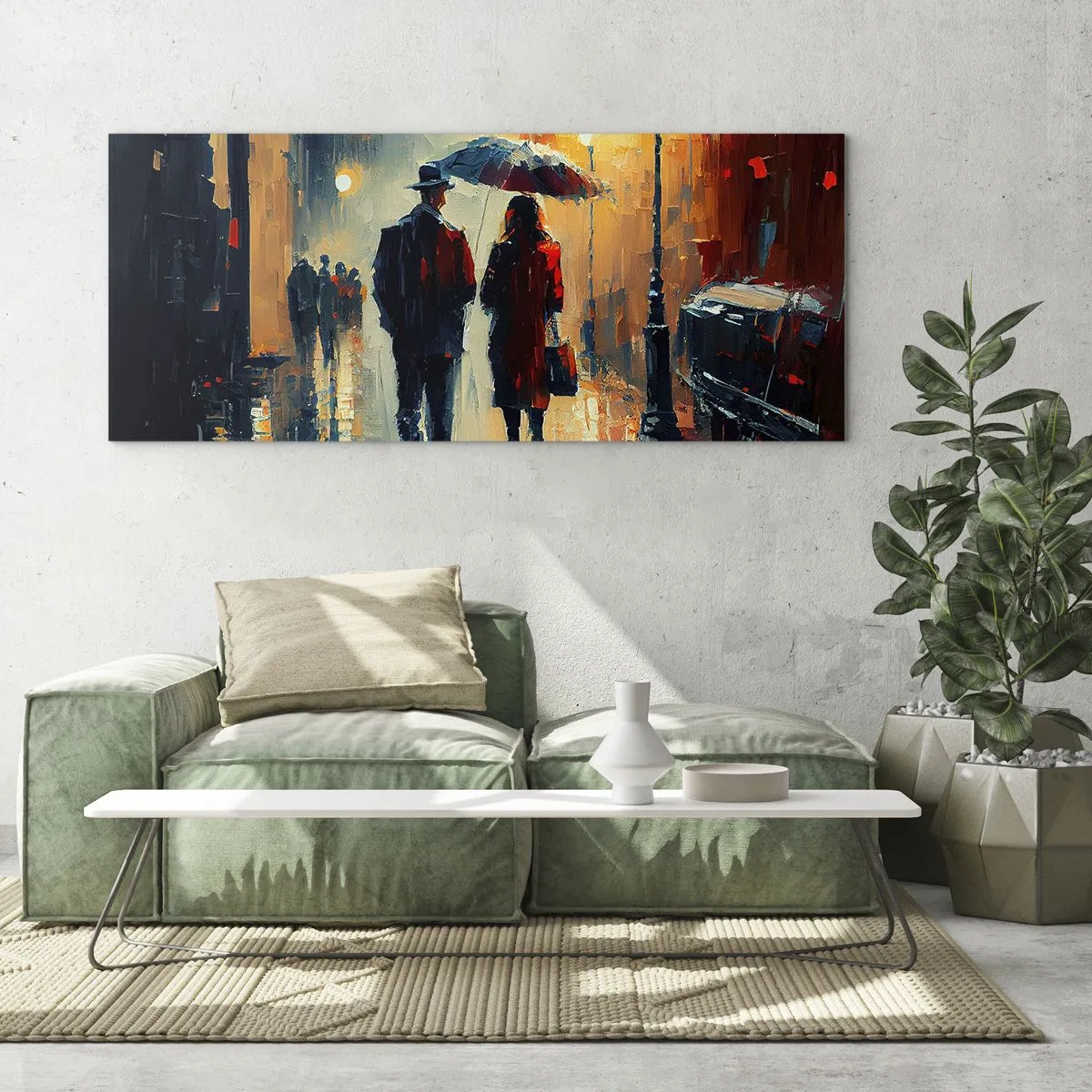 Impression sur verre - Image sur verre - Marcher sous la pluie sous un parapluie en ville la nuit - 160x50cm - Histoire d'amour urbaine - Décoration murale moderne pour le salon et la chambre ARTTOR