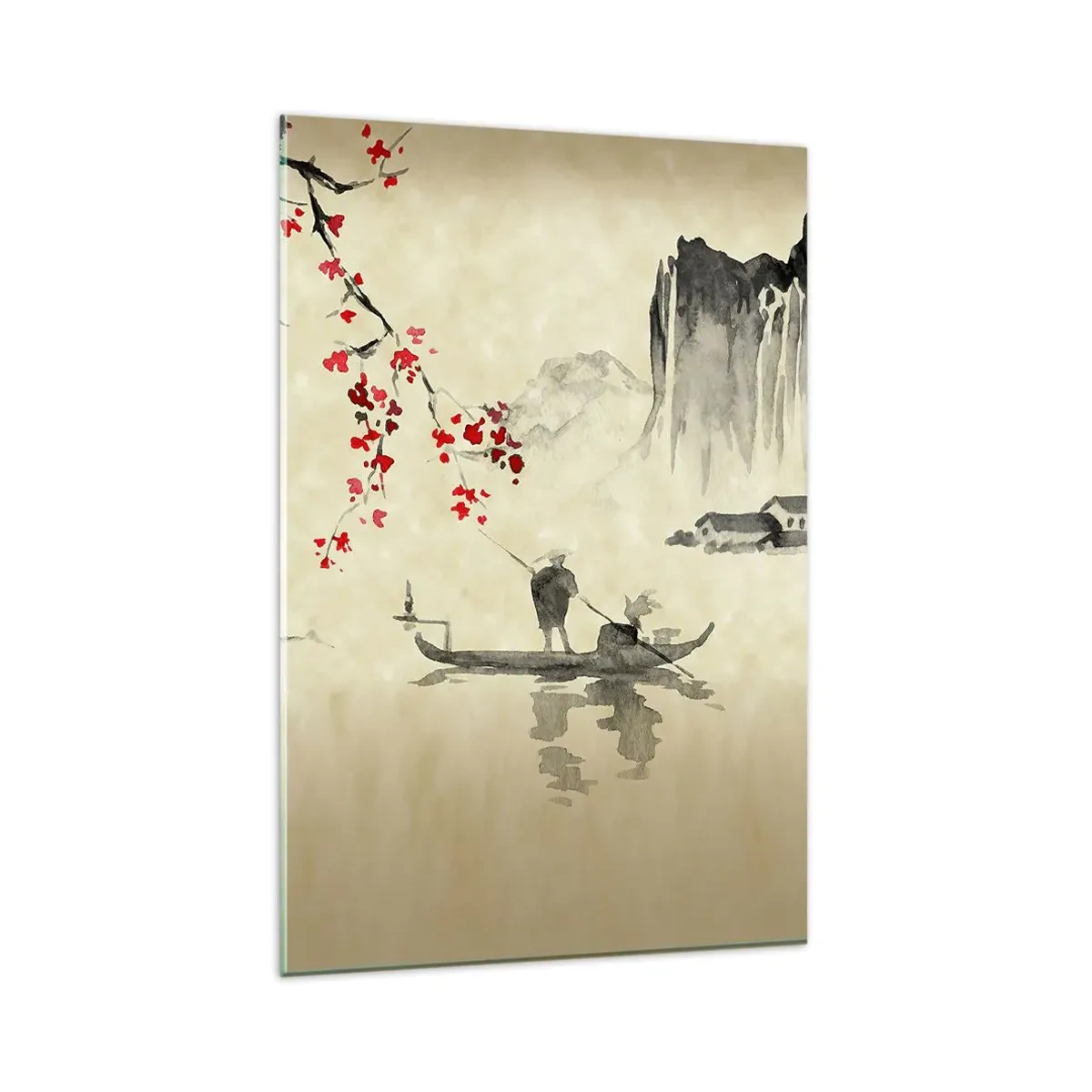 Impression sur verre - Image sur verre - Illustration orientale avec un bateau et une branche fleurie - 80x120cm - Au pays des cerisiers en fleurs - Décoration murale moderne pour le salon et la chambre ARTTOR