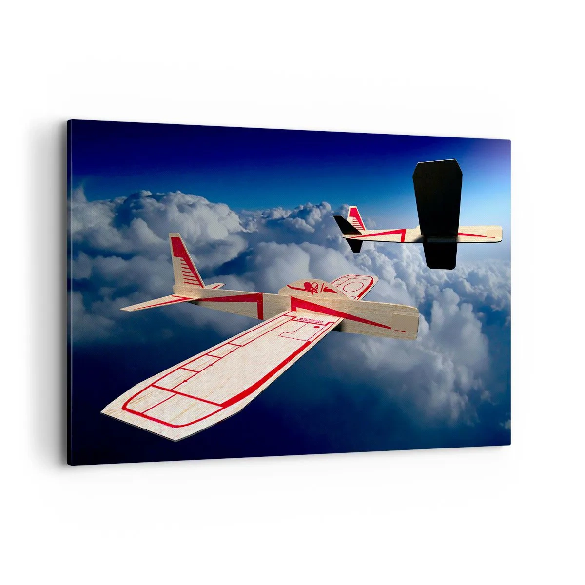 Impression sur toile - Image sur toile - Deux avions en bois planant au-dessus des nuages contre un ciel bleu. - 100x70cm - Encore plus haut, encore plus loin - Décoration murale moderne pour le salon et la chambre ARTTOR
