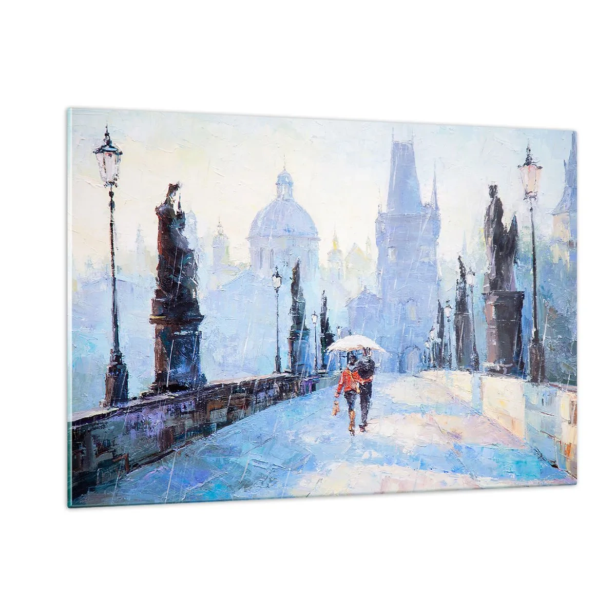 Impression sur verre - Image sur verre - Marcher avec un parapluie sur un pont historique un jour de pluie - 120x80cm - La pluie a dû nous charmer - Décoration murale moderne pour le salon et la chambre ARTTOR