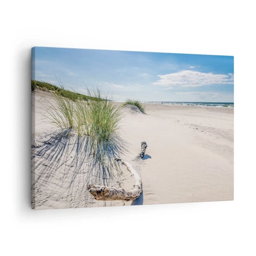 Impression sur toile - Image sur toile - Une plage baltique avec du sable, de l'herbe et un ciel bleu calme - 70x50cm - La plus belle? La Baltique - Décoration murale moderne pour le salon et la chambre ARTTOR