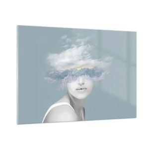 Impression sur verre - Image sur verre - Le visage d'une femme se fond dans le ciel et les nuages dans une vision surréaliste. - 100x70cm - La tête dans les nuages - Décoration murale moderne pour le salon et la chambre ARTTOR