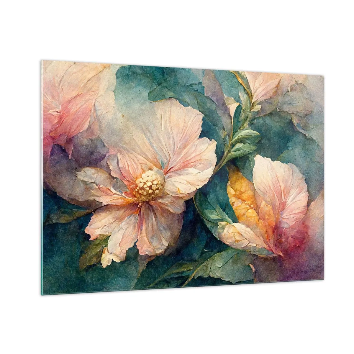 Impression sur verre - Image sur verre - Fleurs délicates aux tons pastel aquarelles - 100x70cm - Uniquement de la subtilité - Décoration murale moderne pour le salon et la chambre ARTTOR