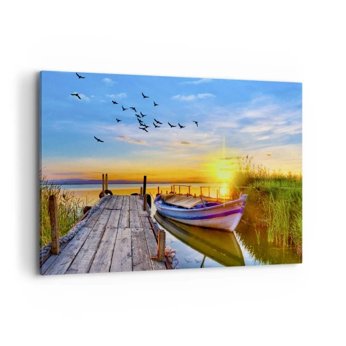 Impression sur toile - Image sur toile - Un bateau sur une jetée en bois au coucher du soleil - 100x70cm - Au revoir, à demain - Décoration murale moderne pour le salon et la chambre ARTTOR