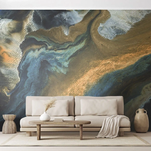 Papier Peint Photo Premium Canvas - Bleu - jaune - influences mutuelles - Abstraction, Morceau, Graphique - 300x210 cm