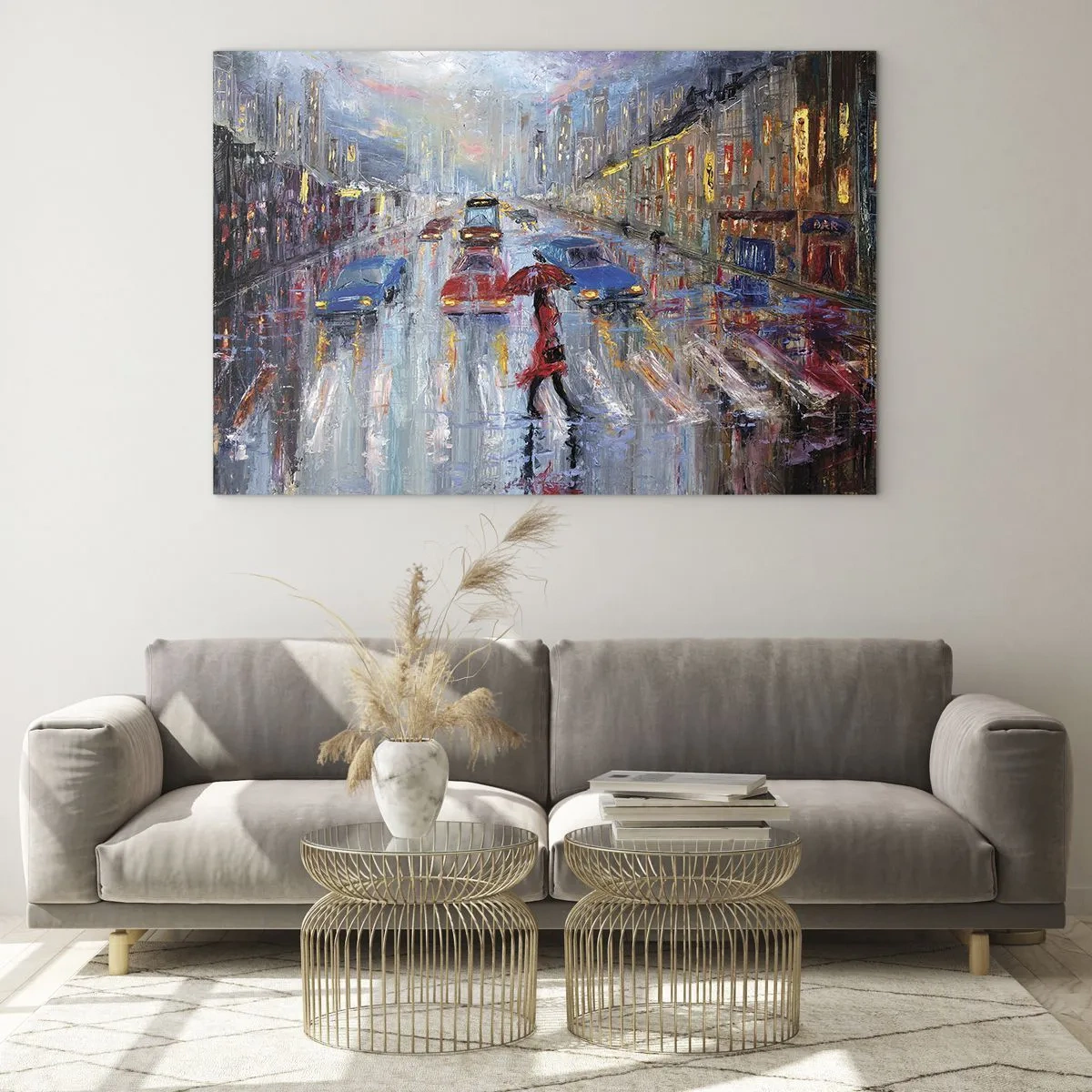Impression sur verre - Image sur verre - Scène de ville la nuit avec pluie et lumières colorées - 120x80cm - Après-midi pluvieux en ville - Décoration murale moderne pour le salon et la chambre ARTTOR