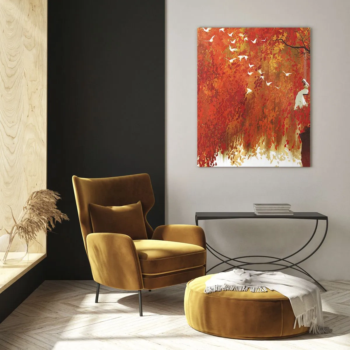Impression sur verre - Image sur verre - Une silhouette sur une balançoire près d'un arbre entouré de feuilles rouges - 80x120cm - S'envolera-t-il avec eux ? - Décoration murale moderne pour le salon et la chambre ARTTOR