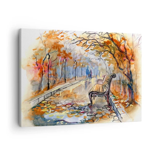 Impression sur toile - Image sur toile - Un parc d'automne avec un banc à l'aquarelle - 70x50cm - Errer ensemble à l'automne - Décoration murale moderne pour le salon et la chambre ARTTOR