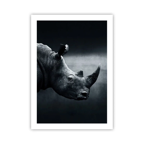 Affiche - Poster - Portrait noir et blanc d'un rhinocéros sur fond sombre - 50x70cm - Le profil droit - Décoration murale moderne pour le salon et la chambre ARTTOR