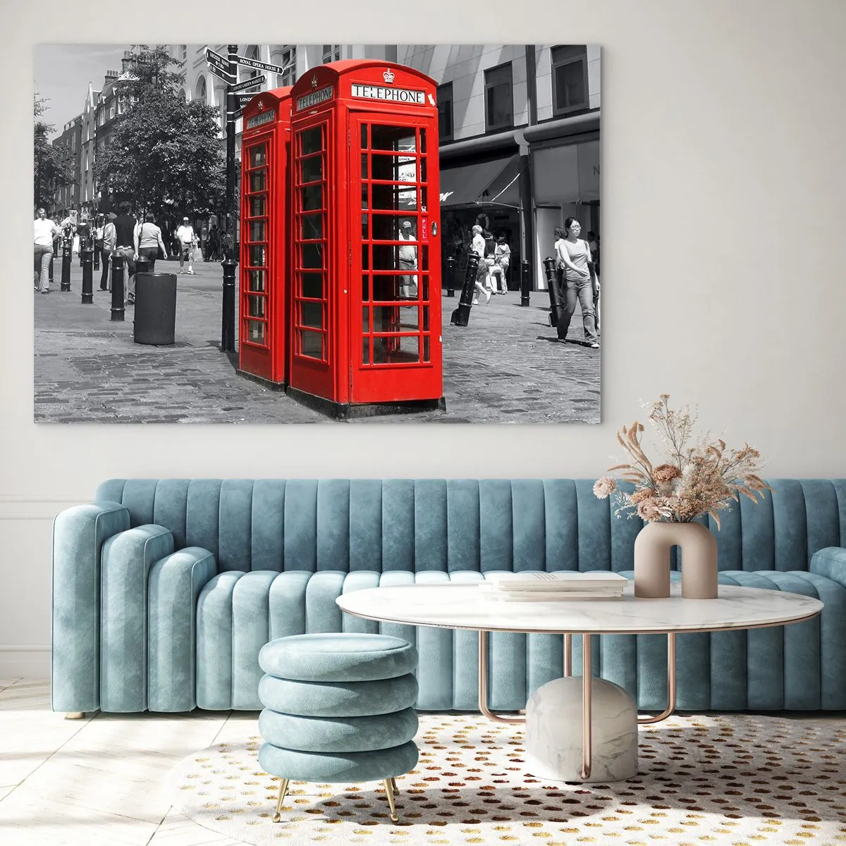 Impression sur verre - Image sur verre - Cabines téléphoniques rouges dans une rue de Londres - 70x50cm - Cabines téléphoniques rouges - Décoration murale moderne pour le salon et la chambre ARTTOR