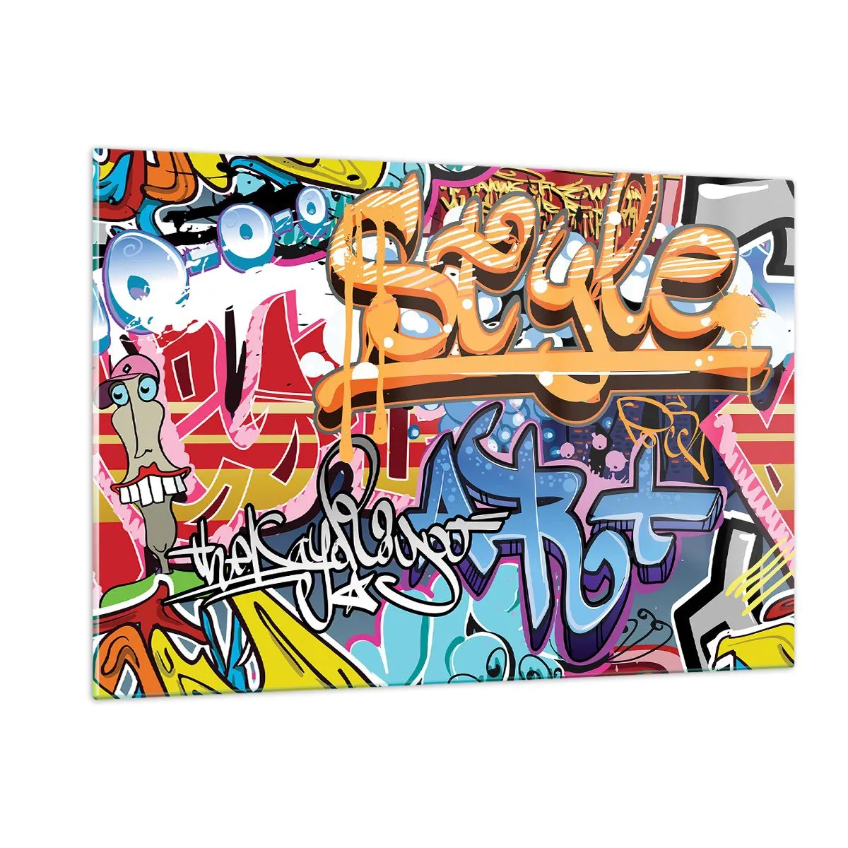 Impression sur verre - Image sur verre - Graffitis colorés avec inscriptions et dessins dynamiques - 120x80cm - Fresques, fresques, fresques… - Décoration murale moderne pour le salon et la chambre ARTTOR