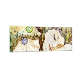 Impression sur verre - Image sur verre - Une femme rêvant entourée de formes et de couleurs abstraites. - 140x50cm - Un rêve violet émeraude - Décoration murale moderne pour le salon et la chambre ARTTOR