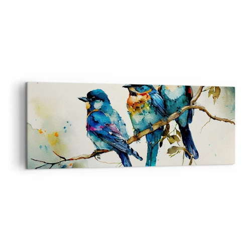 Impression sur toile - Image sur toile - Trois oiseaux colorés sur une branche dans un style aquarelle - 140x50cm - A-t-il été offensé ? - Décoration murale moderne pour le salon et la chambre ARTTOR