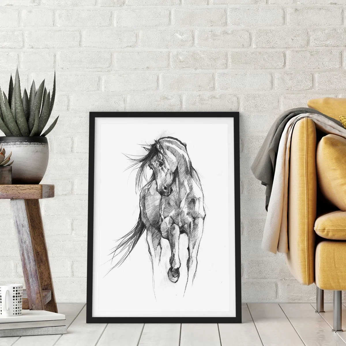 Affiche dans un cadre noir - Poster - Croquis d'un cheval dans une pose dynamique - 50x70cm - D'un trot gracieux - Décoration murale moderne pour le salon et la chambre ARTTOR