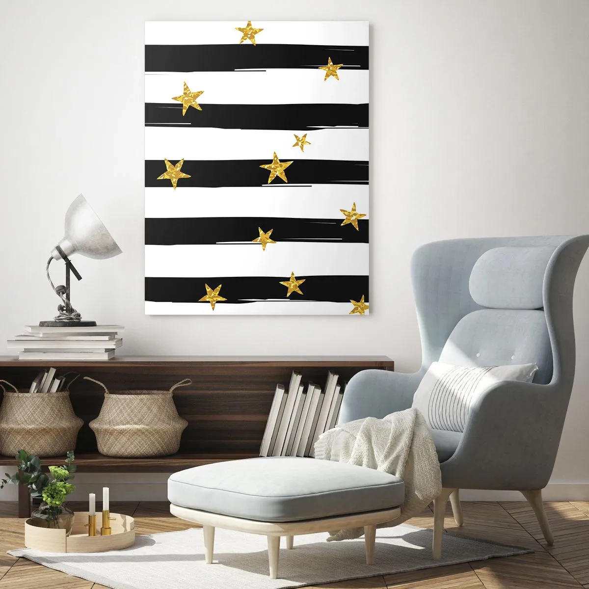 Impression sur verre - Image sur verre - Rayures noires et blanches avec étoiles dorées - 50x70cm - Nous sommes tous nés sous une bonne étoile - Décoration murale moderne pour le salon et la chambre ARTTOR