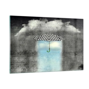 Impression sur verre - Image sur verre - Un parapluie à carreaux noir et blanc sur fond de pluie et de nuages - 120x80cm - Et pourtant c'est possible - Décoration murale moderne pour le salon et la chambre ARTTOR