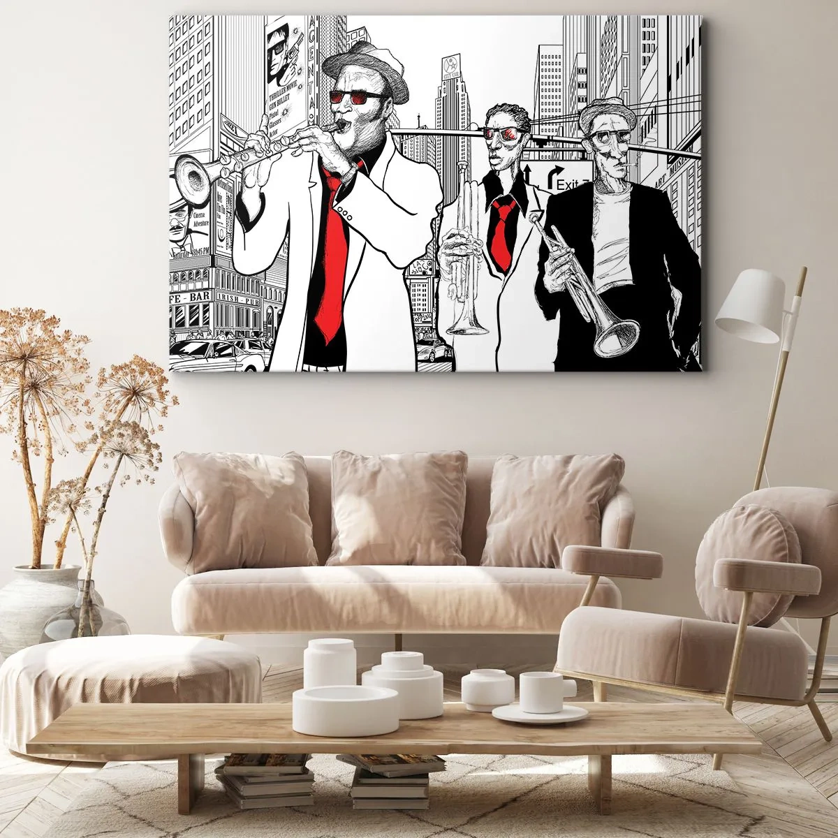 Impression sur toile - Image sur toile - Illustration de musiciens de jazz sur fond urbain - 100x70cm - Rhapsodie urbaine en noir et rouge - Décoration murale moderne pour le salon et la chambre ARTTOR
