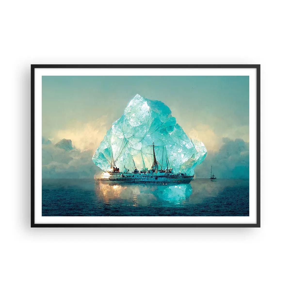 Affiche dans un cadre noir - Poster - Un navire avec un iceberg majestueux en arrière-plan - 100x70cm - Diamant arctique - Décoration murale moderne pour le salon et la chambre ARTTOR