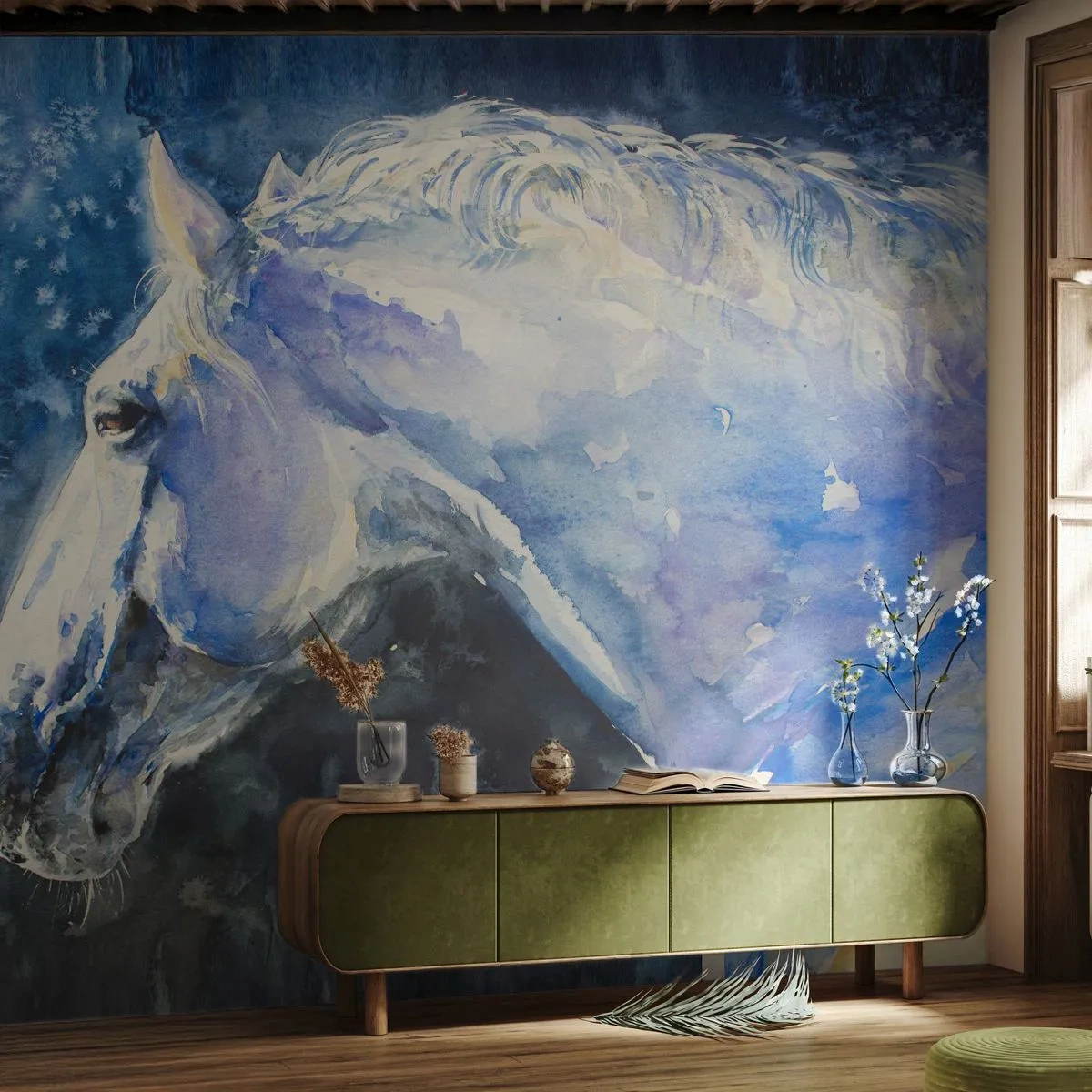 Papier Peint Photo Standard Eco - Portrait dans une lueur azur - Cheval, Peinture, Animaux - 200x140 cm