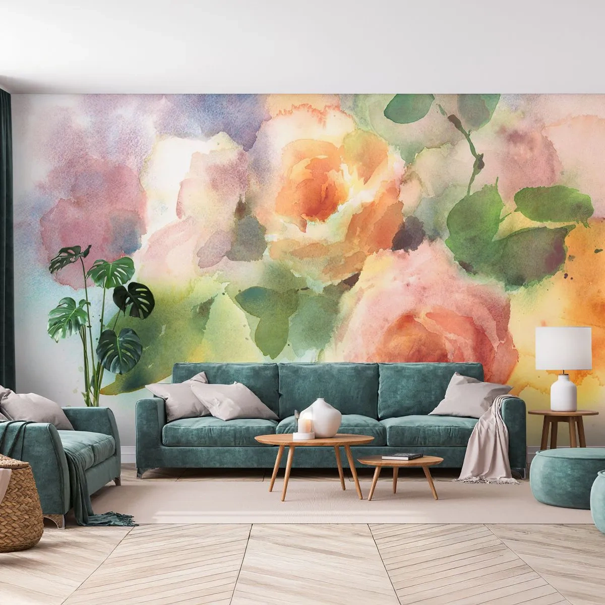 Papier Peint Photo Premium Sand - Roses à l'aquarelle aux couleurs pastel - 100x70cm - Délicat comme l'aquarelle - Décoration murale moderne pour le salon et la chambre ARTTOR