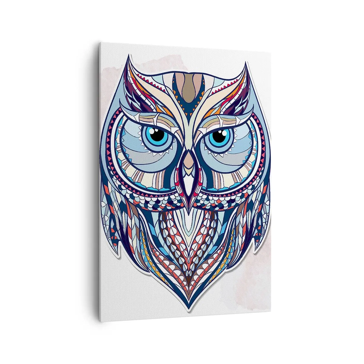 Impression sur toile - Image sur toile - Chouette géométrique dans les tons bleu et beige - 70x100cm - Chouette ornementale élaborée - Décoration murale moderne pour le salon et la chambre ARTTOR