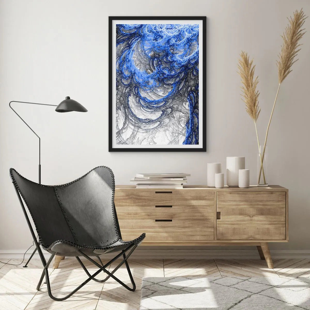 Affiche dans un cadre noir - Poster - Vagues abstraites dans des tons de bleu et de gris - 50x70cm - La naissance d'une vague - Décoration murale moderne pour le salon et la chambre ARTTOR