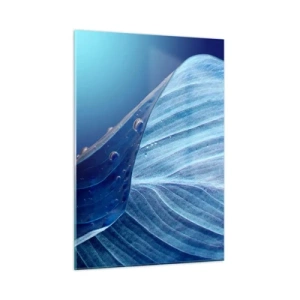 Impression sur verre - Image sur verre - Une feuille dans des tons bleus avec des gouttes d'eau sur un fond dégradé. - 50x70cm - Gouttes cachées du bleu - Décoration murale moderne pour le salon et la chambre ARTTOR