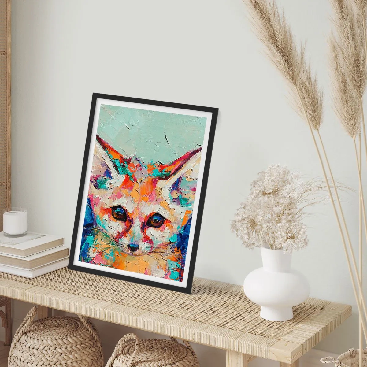 Affiche dans un cadre noir - Poster - Un portrait abstrait coloré d'un renard au regard expressif. - 50x70cm - Etes-vous prêts pour moi? - Décoration murale moderne pour le salon et la chambre ARTTOR