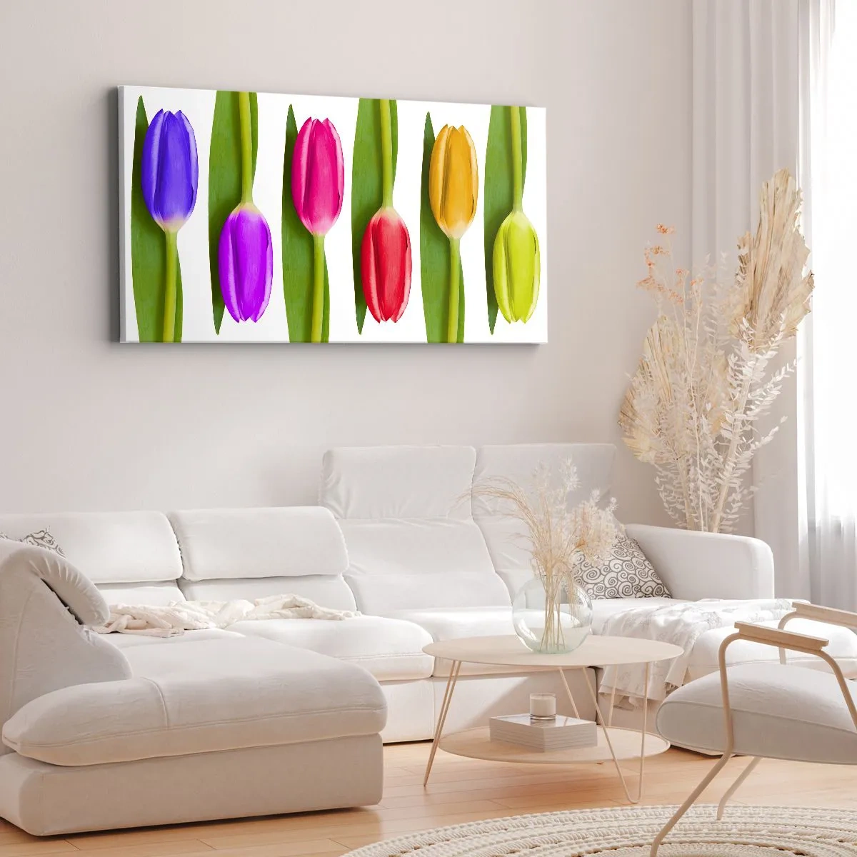 Impression sur toile - Image sur toile - Tulipes multicolores disposées en rangée sur fond blanc - 140x50cm - Composition arc-en-ciel - Décoration murale moderne pour le salon et la chambre ARTTOR