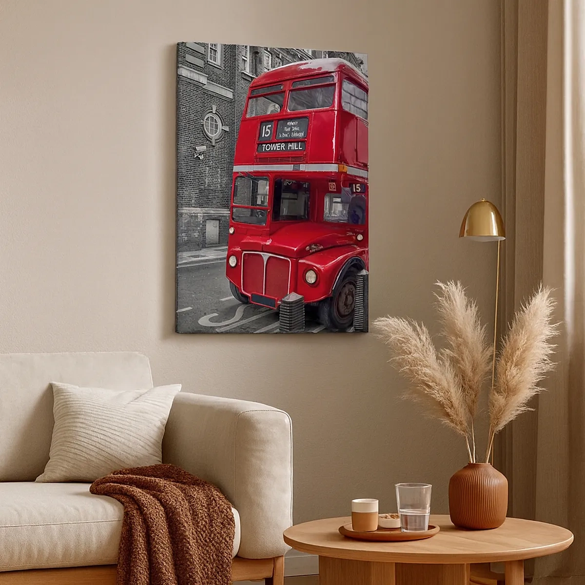 Impression sur toile - Image sur toile - Un bus rouge à impériale à Londres sur fond d'architecture classique - 50x70cm - Toujours la même chose - Décoration murale moderne pour le salon et la chambre ARTTOR