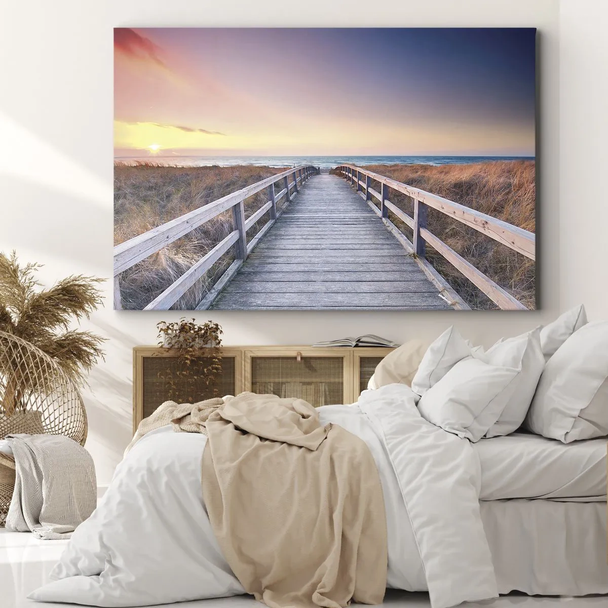 Impression sur toile - Image sur toile - Une jetée en bois menant à la plage au coucher du soleil avec le ciel peint de couleurs pastel. - 100x70cm - Aurore baltique du soir - Décoration murale moderne pour le salon et la chambre ARTTOR