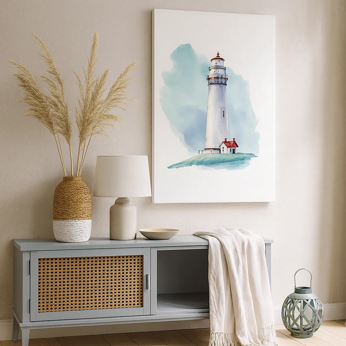 Impression sur toile - Image sur toile - Un phare sur un fond bleu aquarelle - 50x70cm - La douce sœur du bleu - Décoration murale moderne pour le salon et la chambre ARTTOR