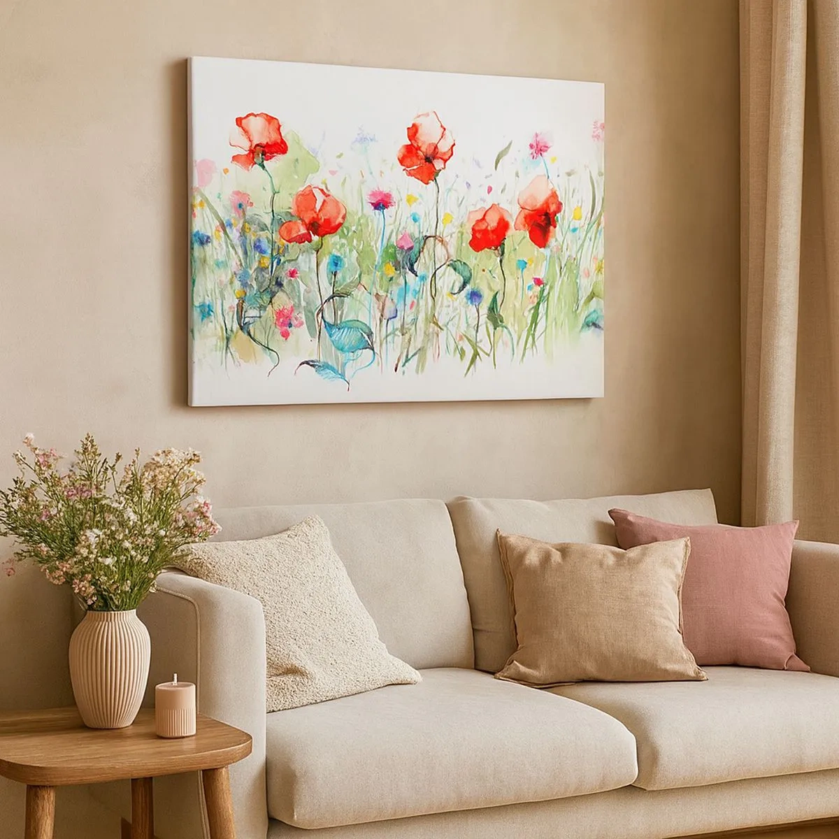 Impression sur toile - Image sur toile - Une prairie avec des coquelicots rouges et des fleurs colorées à l'aquarelle - 70x50cm - Prairie de fleurs en mai - Décoration murale moderne pour le salon et la chambre ARTTOR