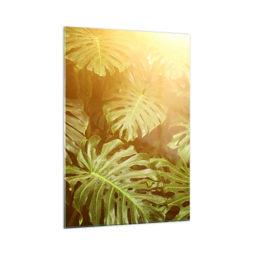 Impression sur verre - Image sur verre - Feuilles de monstera vertes sous la lumière dorée du soleil tropical - 50x70cm - Se fondre dans la verdure - Décoration murale moderne pour le salon et la chambre ARTTOR