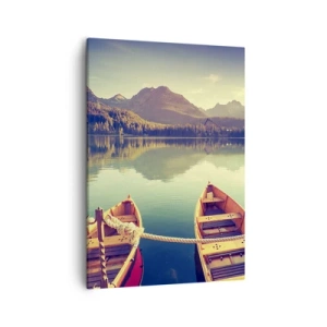 Impression sur toile - Image sur toile - Bateaux sur un lac calme entouré de montagnes au coucher du soleil - 50x70cm - Vivre selon ses règles - Décoration murale moderne pour le salon et la chambre ARTTOR