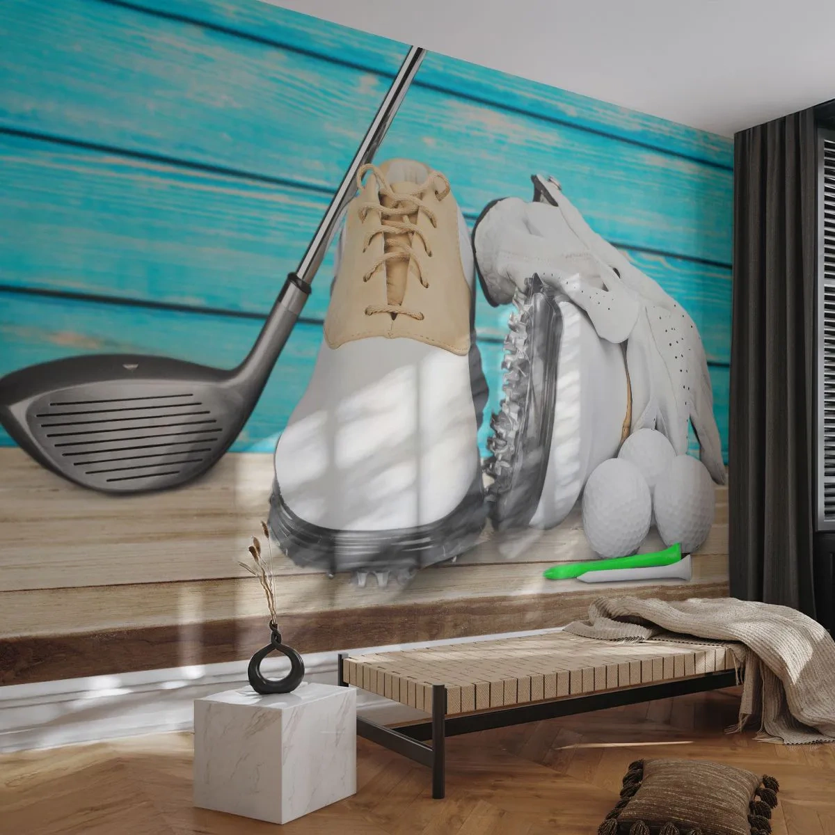 Papier Peint Photo Premium Sand - Un ensemble d'accessoires de golf sur une table en bois - 100x70cm - Tout est prêt - Décoration murale moderne pour le salon et la chambre ARTTOR