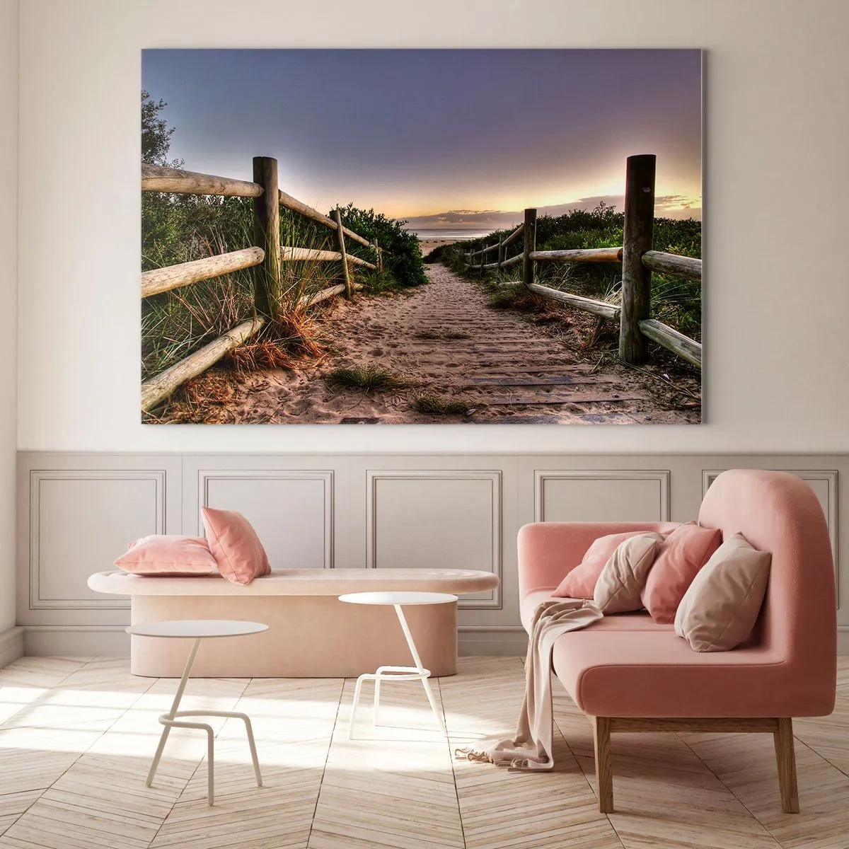 Impression sur verre - Image sur verre - Chemin vers la plage au coucher du soleil - 70x50cm - On voit déjà le but - Décoration murale moderne pour le salon et la chambre ARTTOR
