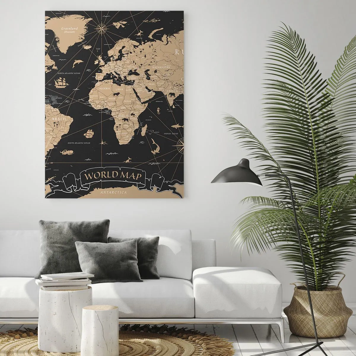 Impression sur verre - Image sur verre - Carte du monde stylisée dans les tons beige et noir - 50x70cm - Les limites de mon monde - Décoration murale moderne pour le salon et la chambre ARTTOR