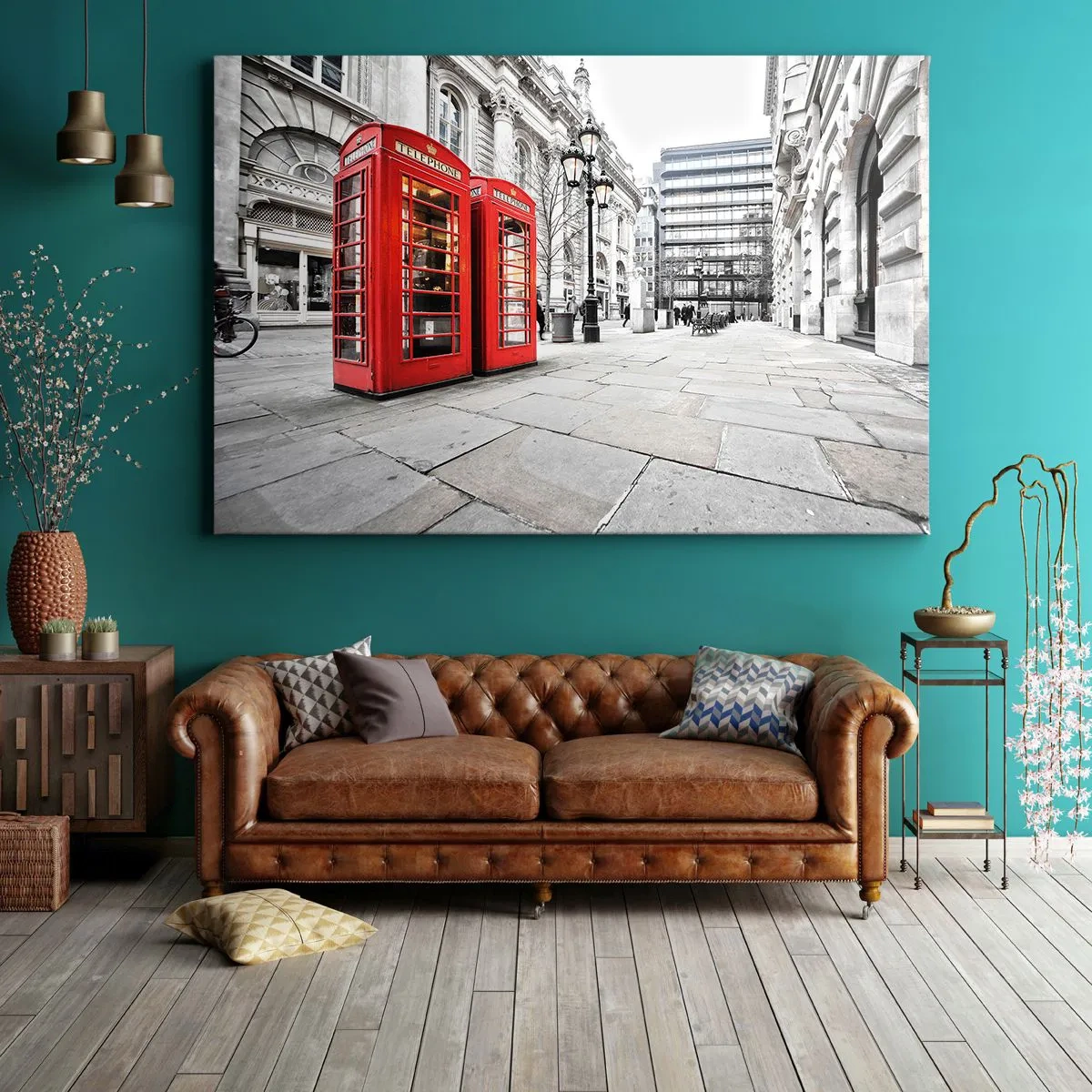 Impression sur toile - Image sur toile - Cabines téléphoniques rouges sur fond de paysage urbain - 70x50cm - Welcome to London - Décoration murale moderne pour le salon et la chambre ARTTOR