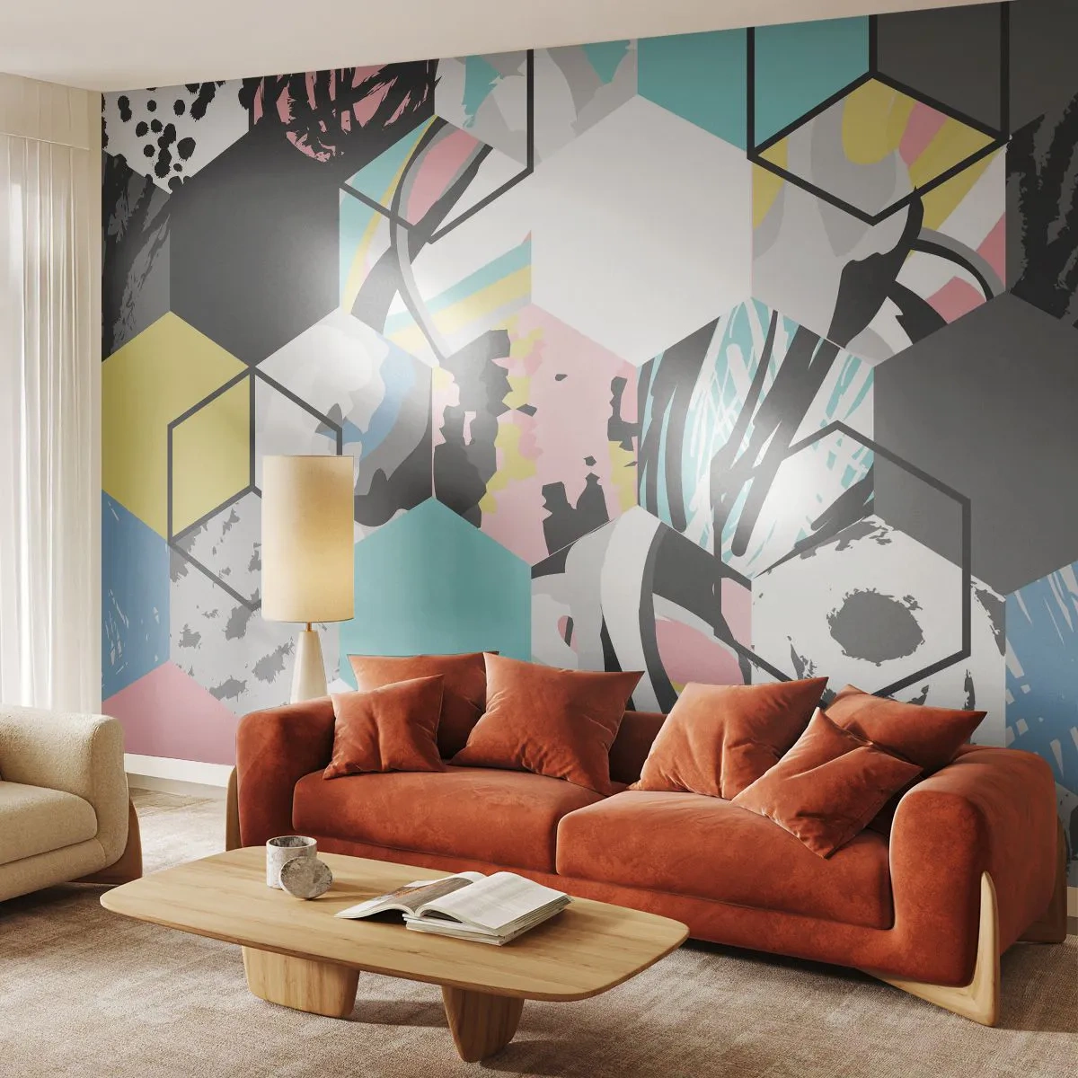 Papier Peint Autocollant Deluxe Sticker - Hexagones et cubes en six couleurs - Abstraction, Morceau, Modèle moderne - 300x210 cm