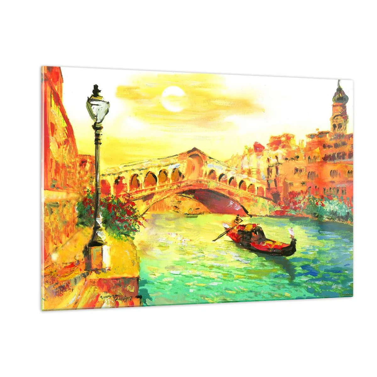 Impression sur verre - Image sur verre - Canal avec gondole et pont sous les rayons du soleil couchant - 120x80cm - Un pèlerinage d'amoureux - Décoration murale moderne pour le salon et la chambre ARTTOR