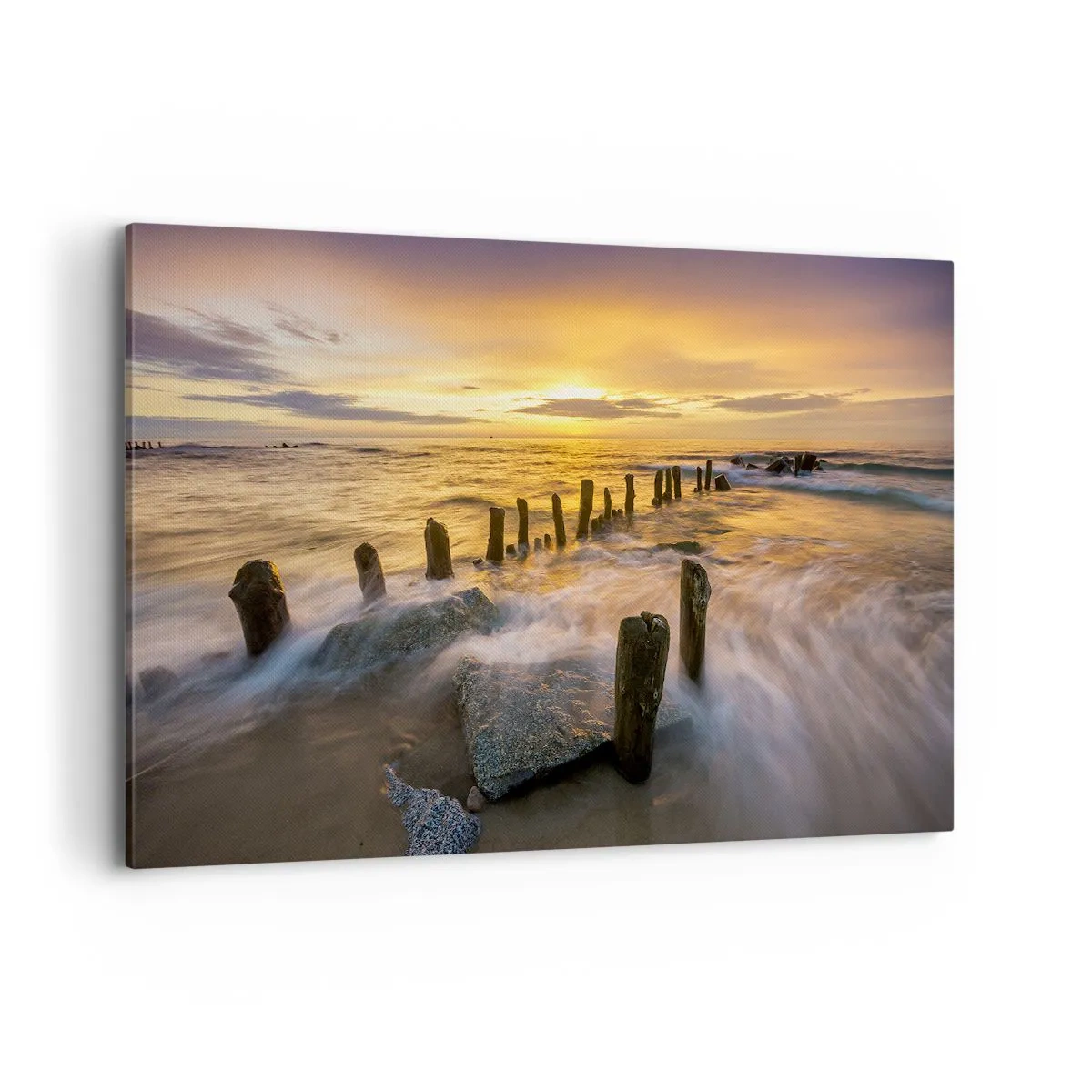 Impression sur toile - Image sur toile - Coucher de soleil sur la mer avec les vestiges d'une ancienne jetée - 120x80cm - La beauté brute de la mer Baltique - Décoration murale moderne pour le salon et la chambre ARTTOR