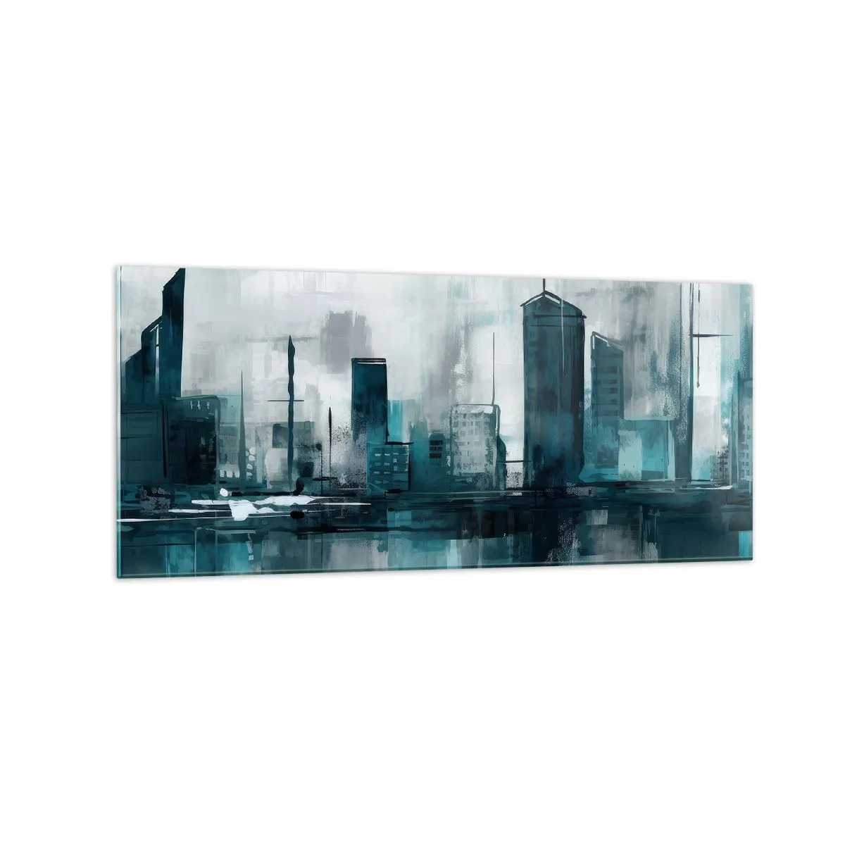 Impression sur verre - Image sur verre - Une ville moderne aux tons turquoise et gris - 120x50cm - Une ville couleur de pluie - Décoration murale moderne pour le salon et la chambre ARTTOR