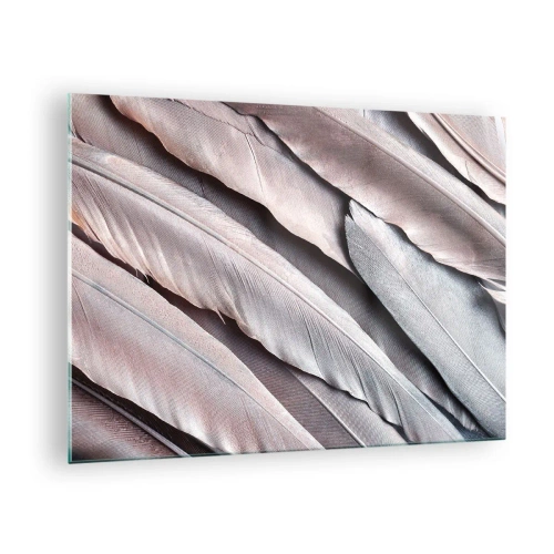 Impression sur verre - Image sur verre - Gros plan de plumes pastel dans des tons de rose et d'argent - 70x50cm - En argent rose - Décoration murale moderne pour le salon et la chambre ARTTOR