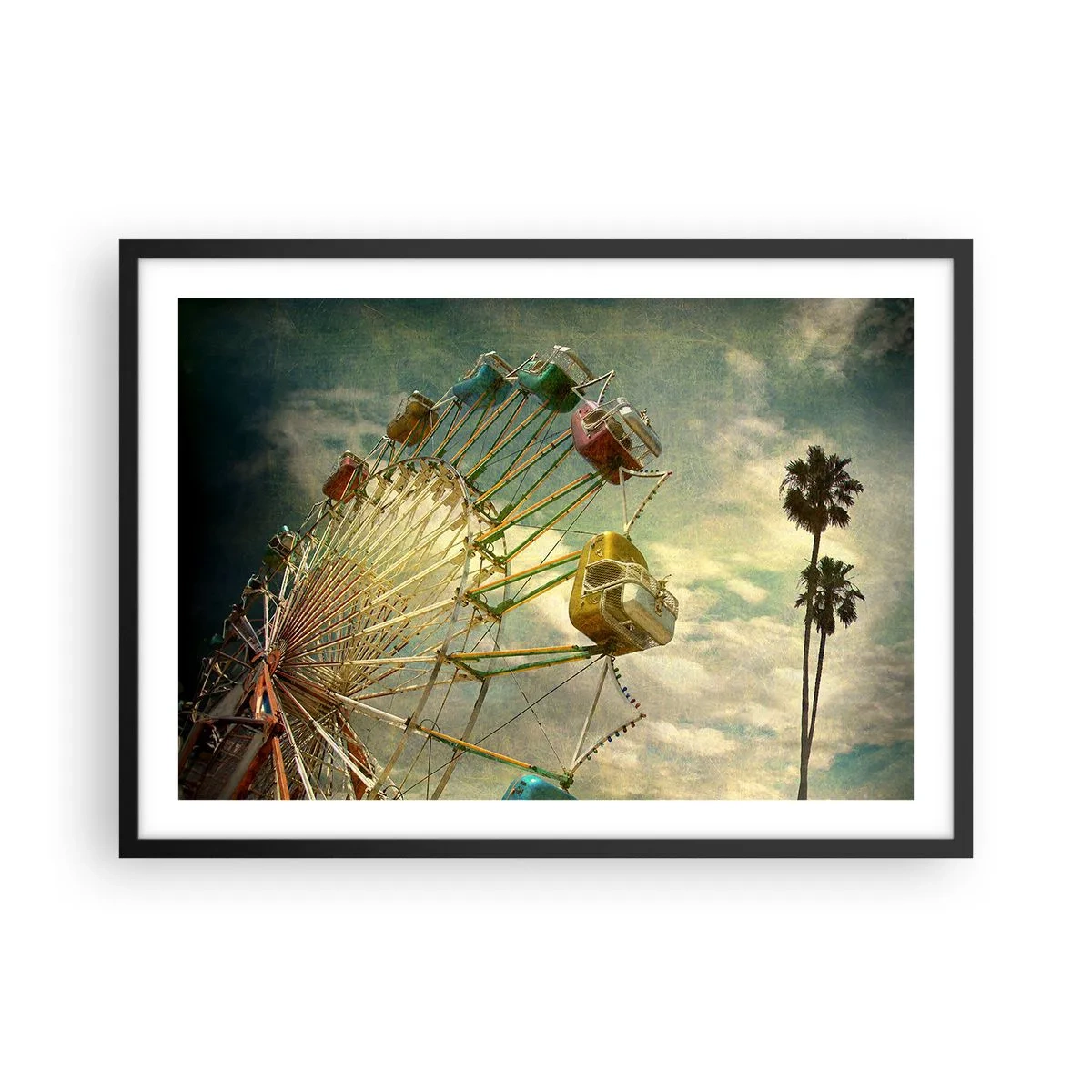 Affiche dans un cadre noir - Poster - Photo rétro d'une grande roue avec des palmiers contre le ciel - 70x50cm - On va faire la fête - Décoration murale moderne pour le salon et la chambre ARTTOR