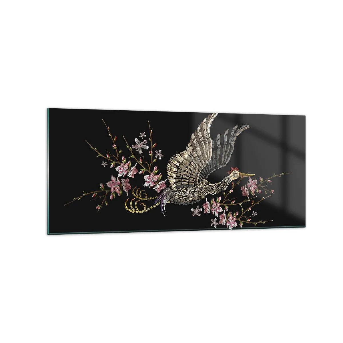 Impression sur verre - Image sur verre - Un oiseau en vol avec des fleurs sur fond noir - 120x50cm - Oiseau brodé exotique - Décoration murale moderne pour le salon et la chambre ARTTOR