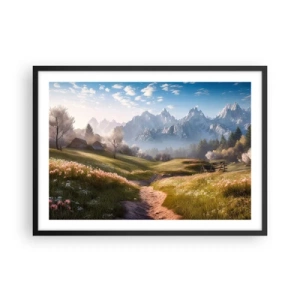 Affiche dans un cadre noir - Poster - Une vallée de montagne avec des prairies, des cabanes et une vue sur les sommets - 70x50cm - Vallée idyllique - Décoration murale moderne pour le salon et la chambre ARTTOR