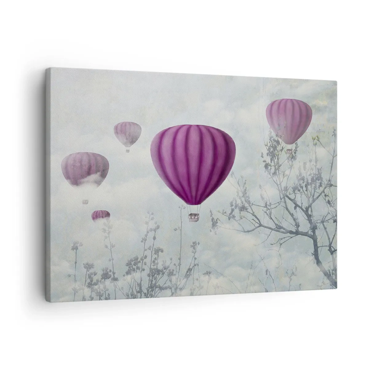 Impression sur toile - Image sur toile - Des ballons violets flottant au-dessus des arbres dans les nuages - 70x50cm - Comme des navires dans le ciel - Décoration murale moderne pour le salon et la chambre ARTTOR