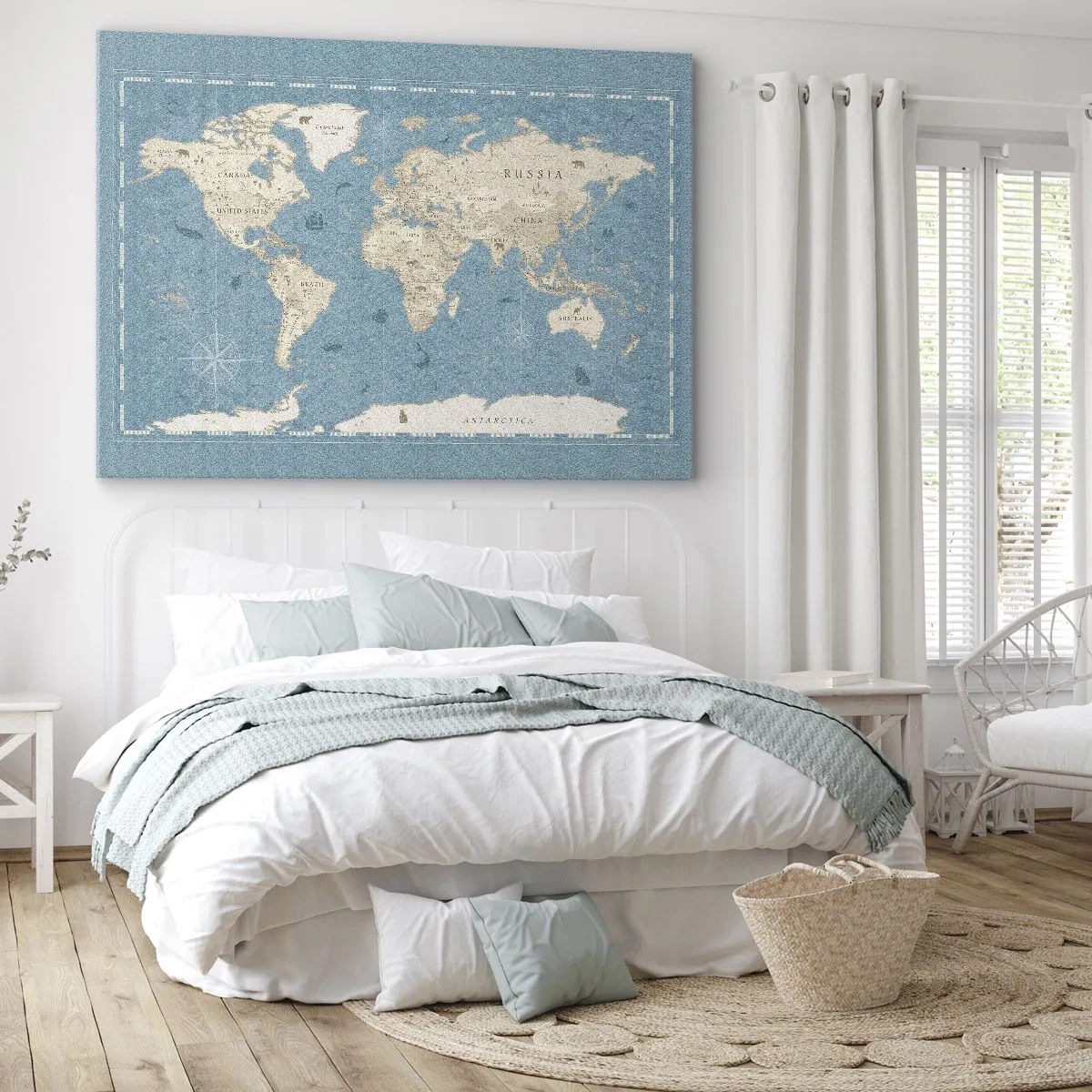 Impression sur toile - Image sur toile - Carte du monde décorative dans les tons bleu et beige - 70x50cm - Le monde à porter de main - Décoration murale moderne pour le salon et la chambre ARTTOR