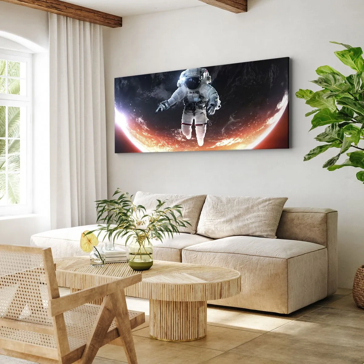 Impression sur toile - Image sur toile - Un astronaute flottant au-dessus d'une Terre éclairée par le soleil - 140x50cm - Puis-je rester un peu plus longtemps ? - Décoration murale moderne pour le salon et la chambre ARTTOR